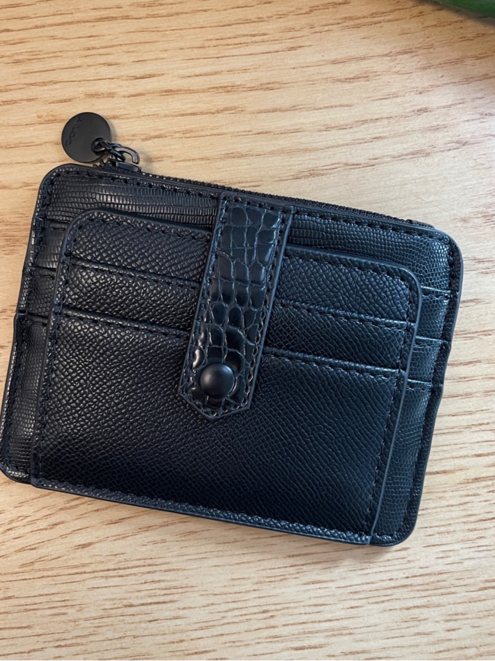 Aldo Black Textured Card Wallet with Snap Strap